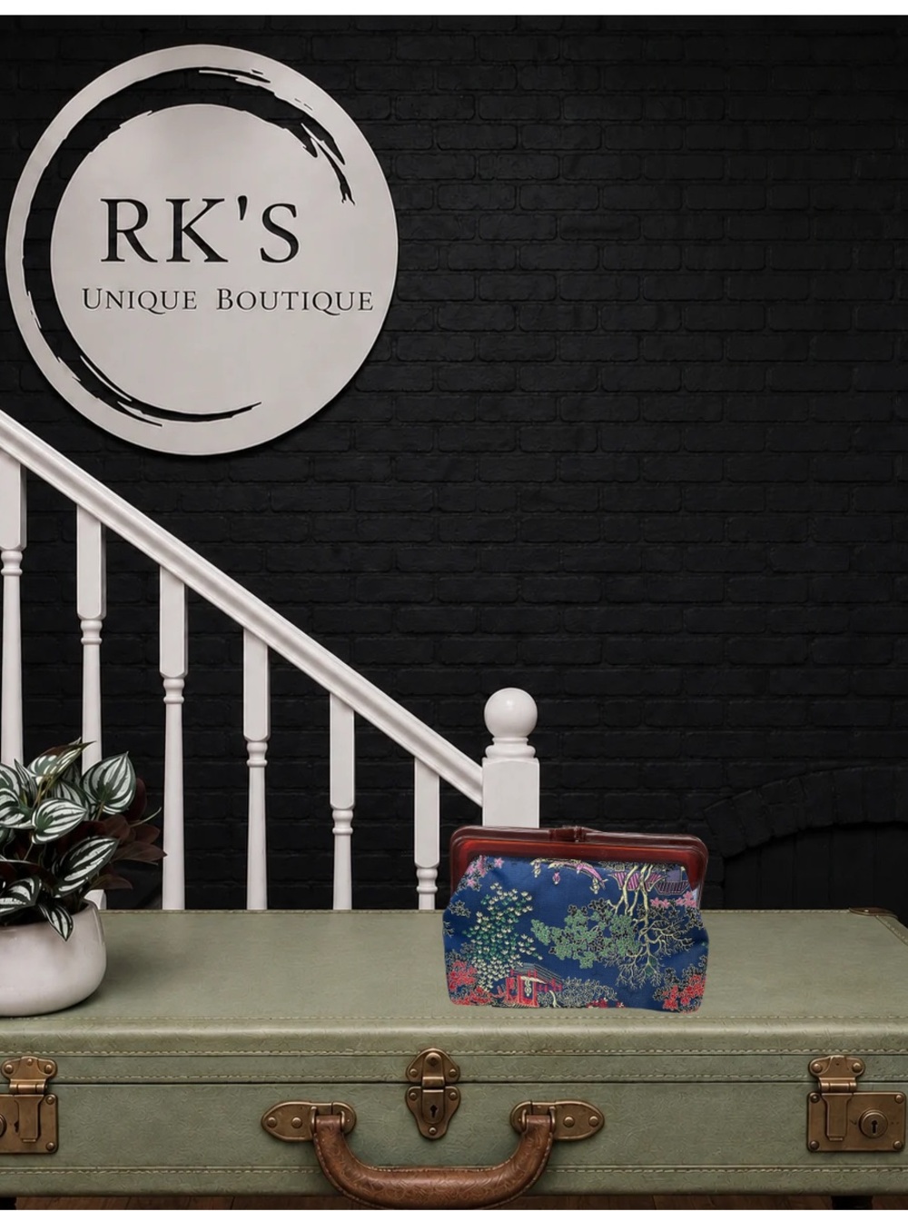 Vintage Silk Brocade Kiss-Lock Clutch Purse Blue Floral